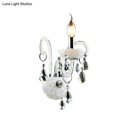 DecorBites™ Modern Candelabra Wall Sconce Light with Teardrop Crystal Decoration - White Glass - 1/2 Heads - Living Room Fixture