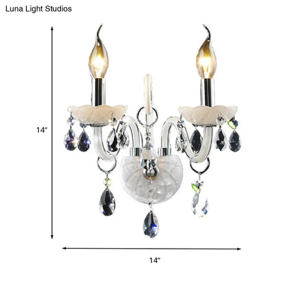 DecorBites™ Modern Candelabra Wall Sconce Light with Teardrop Crystal Decoration - White Glass - 1/2 Heads - Living Room Fixture