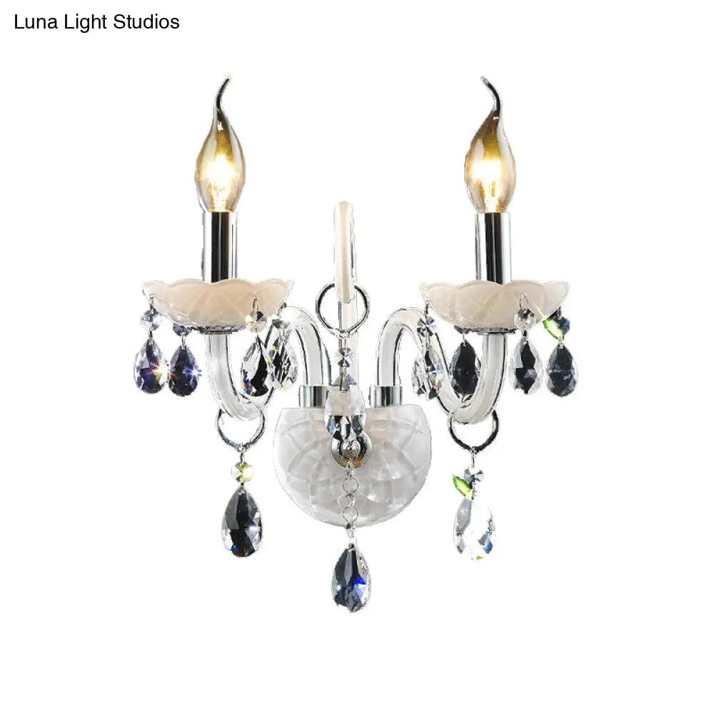 DecorBites™ Modern Candelabra Wall Sconce Light with Teardrop Crystal Decoration - White Glass - 1/2 Heads - Living Room Fixture