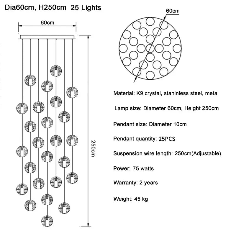 Modern cascading crystal ball led pendant light living room