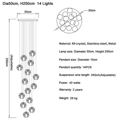 Modern cascading crystal ball led pendant light living room