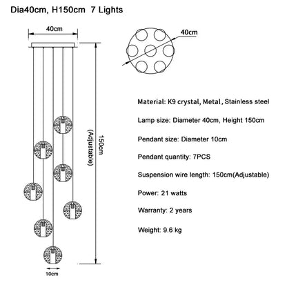 Modern cascading crystal ball led pendant light living room