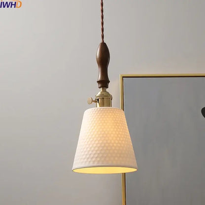 Modern ceramic led pendant light off-white and wood dining room