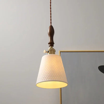 Modern ceramic led pendant light off-white and wood dining room