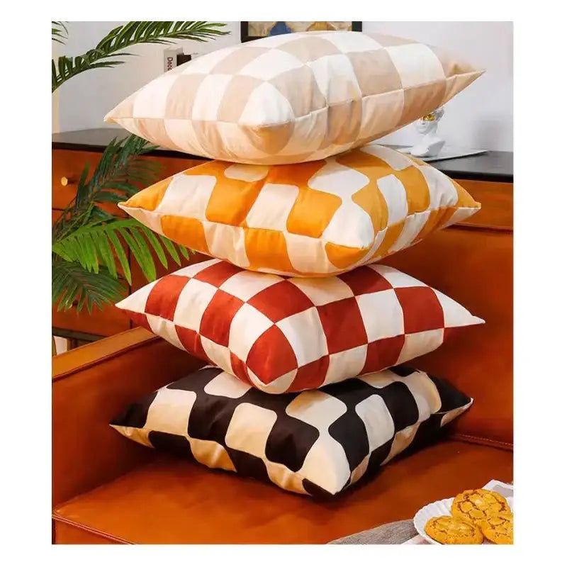 Modern checkered fluffy velvet cushion cover bedroom decor