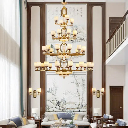 Modern chinese gold copper jade chandelier for living room
