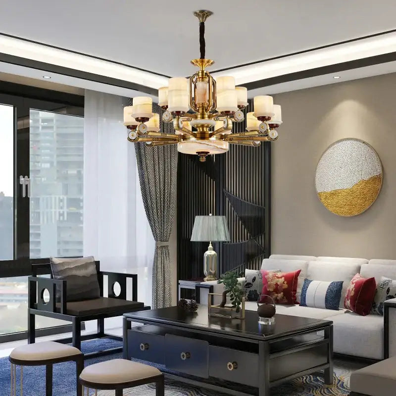 Modern chinese gold copper jade chandelier for living room