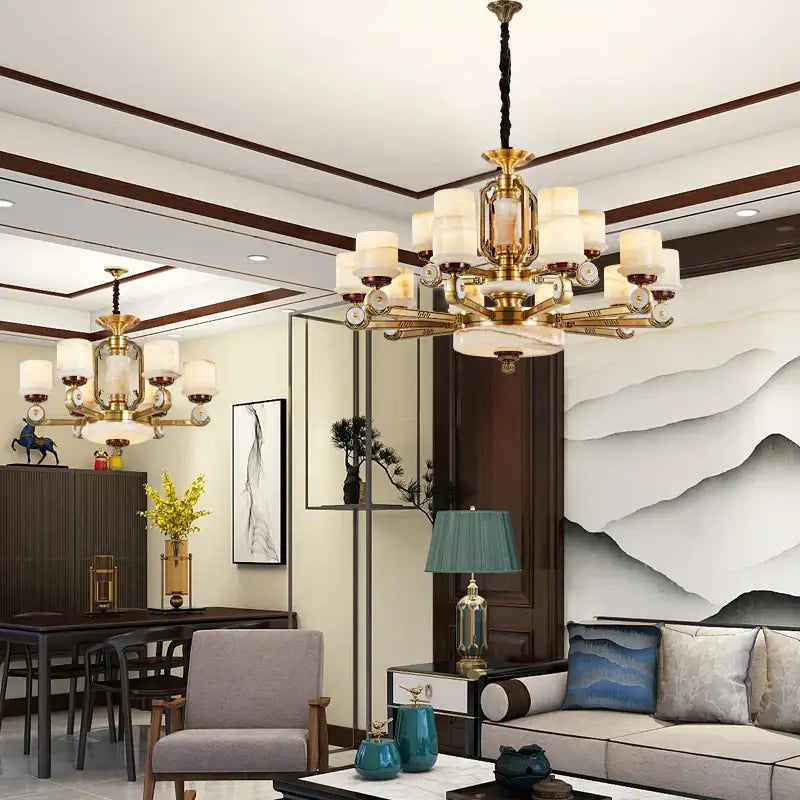 Modern chinese gold copper jade chandelier for living room
