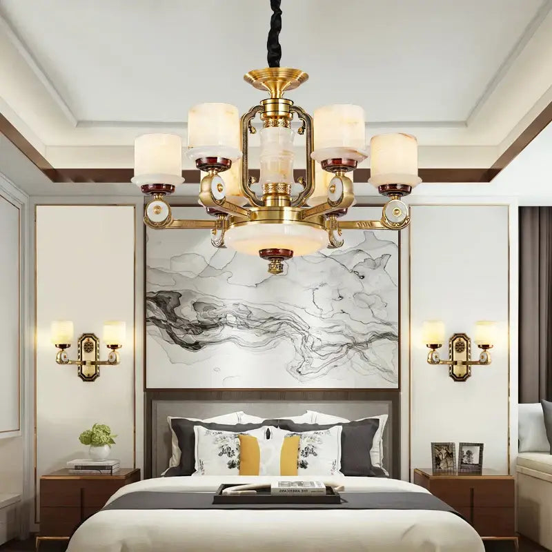 Modern chinese gold copper jade chandelier for living room