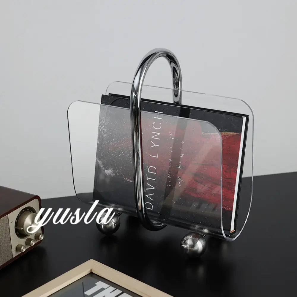 Modern chrome and acrylic desktop bookshelf organizer for home office