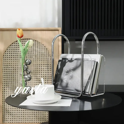 Modern chrome and acrylic desktop bookshelf organizer for home office