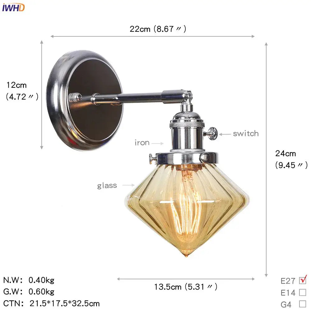 Modern chrome and amber glass ball wall light bedroom sconce