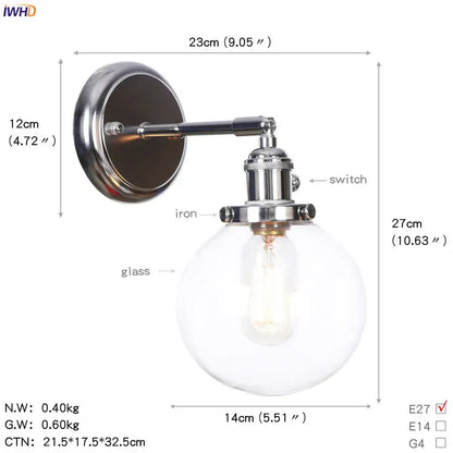 Modern chrome and amber glass ball wall light bedroom sconce