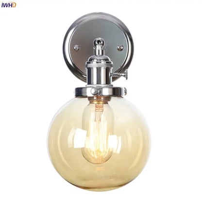 Modern chrome and amber glass ball wall light bedroom sconce