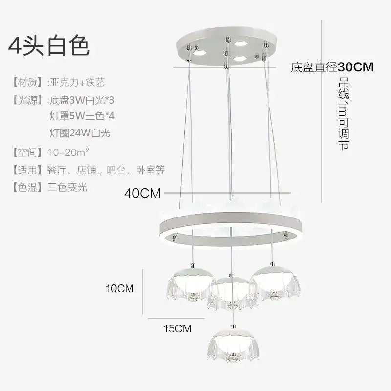 Modern chrome and black led dining table chandelier with glass shades