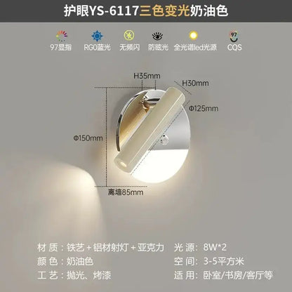 Modern chrome and wood full spectrum eye protection wall lamp bedroom