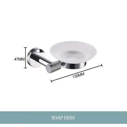 Modern chrome bathroom essentials set with soap dish and brush