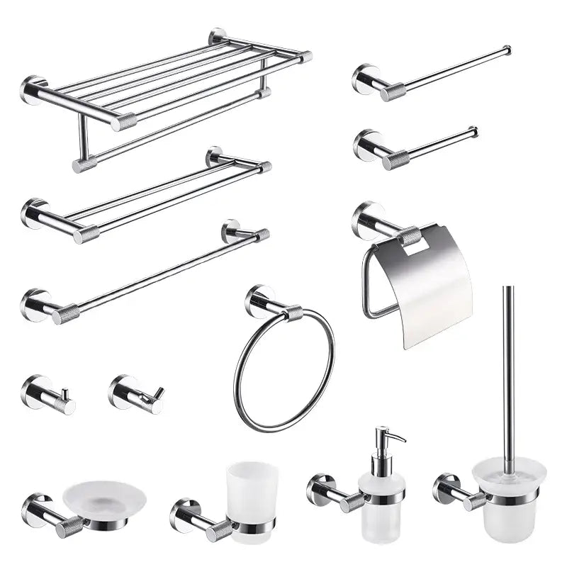 Modern chrome bathroom essentials set with soap dish and brush