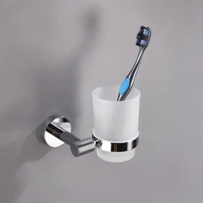 Modern chrome bathroom essentials set with soap dish and brush