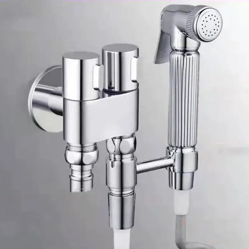 Modern chrome bidet faucet set with blue accents for bathroom