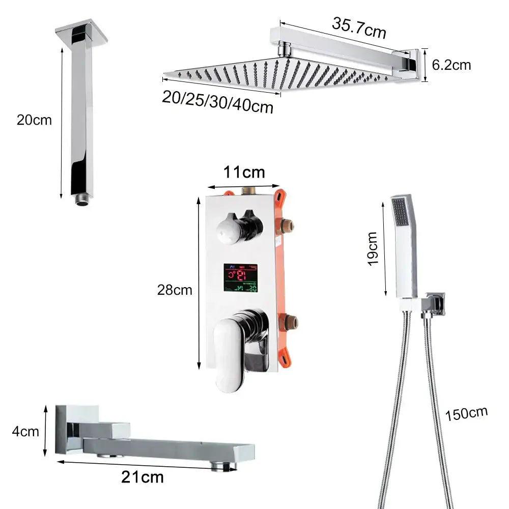 Modern chrome big rainfall shower faucet with digital display bathroom