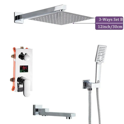 Modern chrome big rainfall shower faucet with digital display bathroom