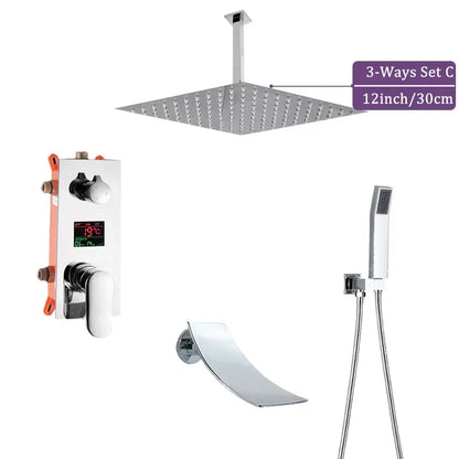 Modern chrome big rainfall shower faucet with digital display bathroom