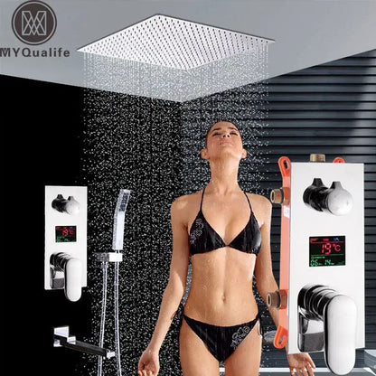 Modern chrome big rainfall shower faucet with digital display bathroom