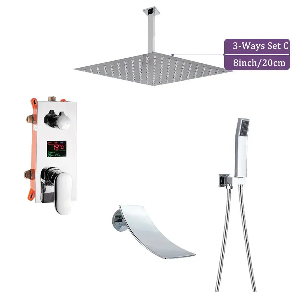 Modern chrome big rainfall shower faucet with digital display bathroom
