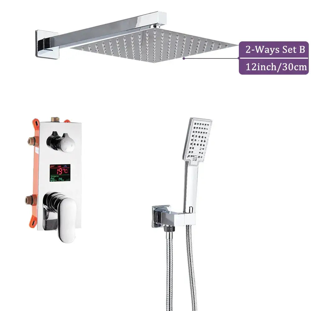Modern chrome big rainfall shower faucet with digital display bathroom