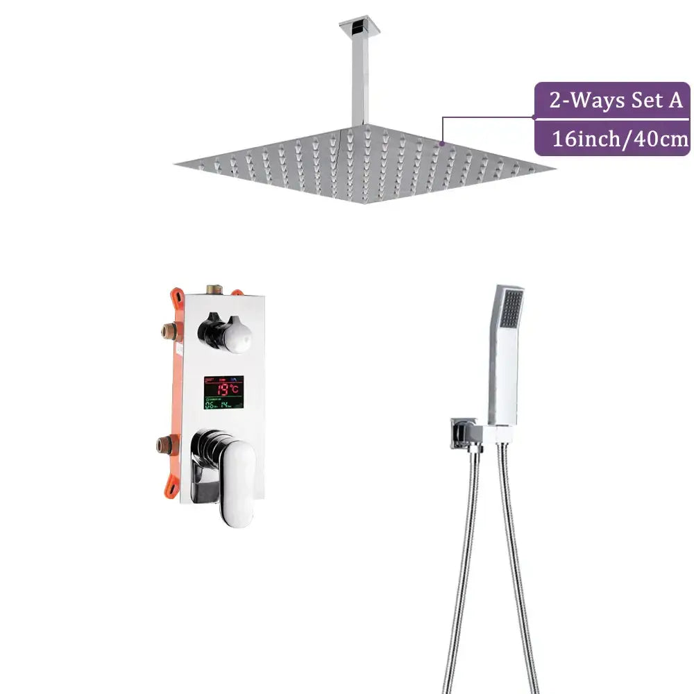 Modern chrome big rainfall shower faucet with digital display bathroom