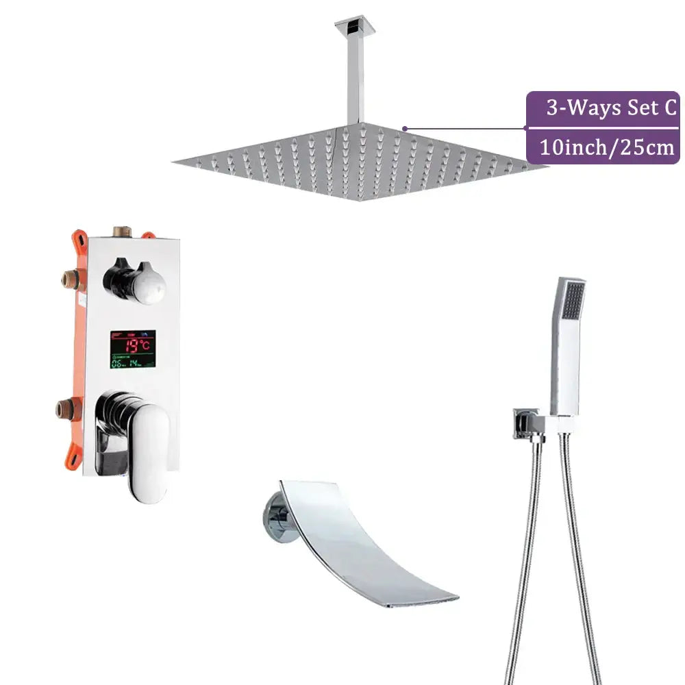 Modern chrome big rainfall shower faucet with digital display bathroom