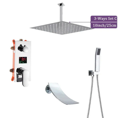 Modern chrome big rainfall shower faucet with digital display bathroom