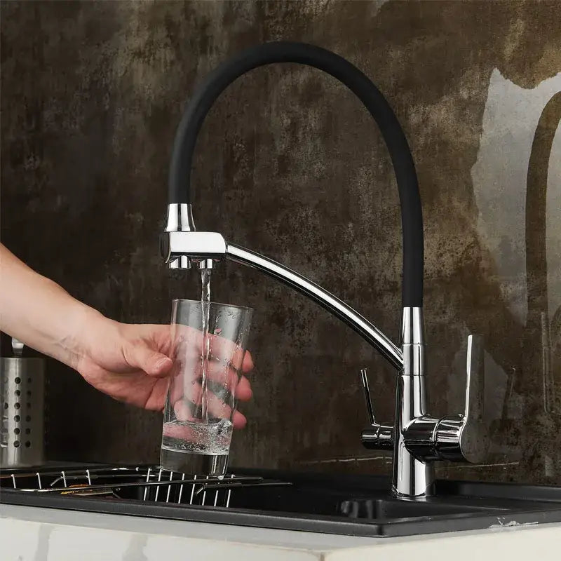 Modern chrome & black deck mounted kitchen faucet with pull down spout