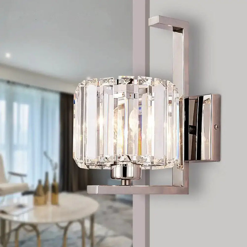 Modern chrome clear crystal drum wall lamp bedroom sconce