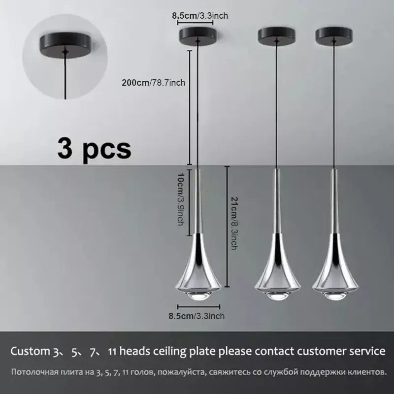 Modern chrome conical led rain pendant lamp bedroom light