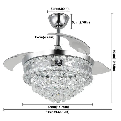 Modern chrome crystal fan chandelier led light bedroom retractable