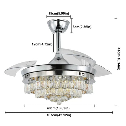 Modern chrome crystal fan chandelier led light bedroom retractable