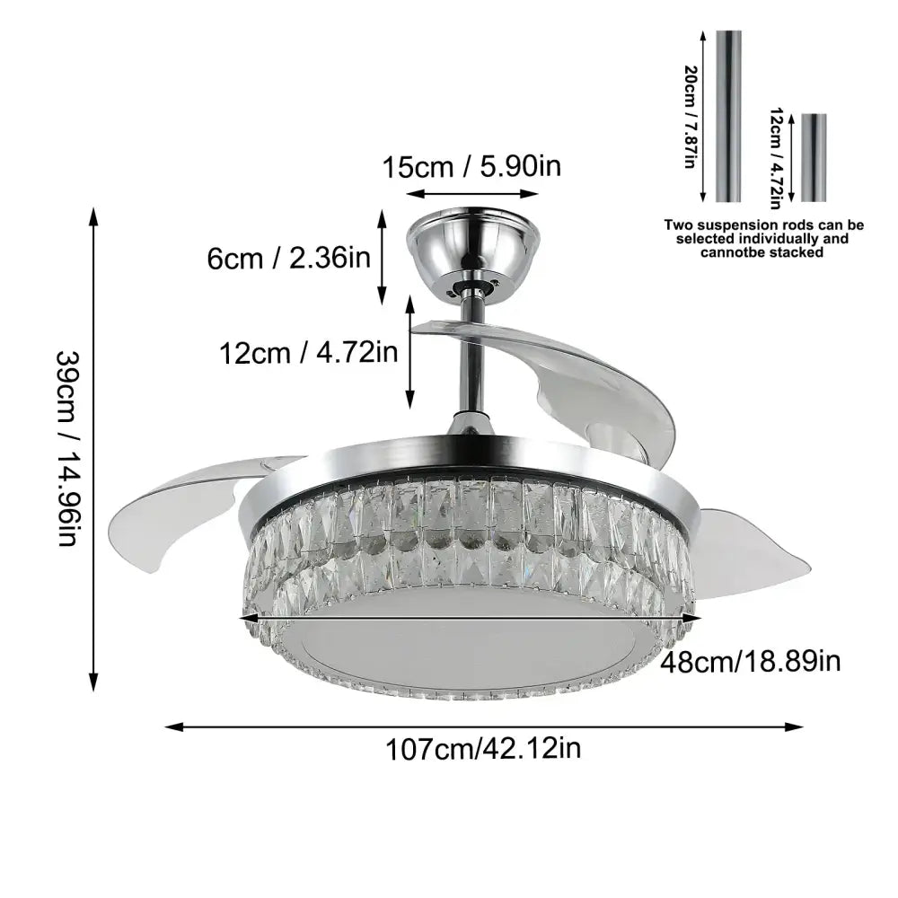 Modern chrome crystal fan chandelier led light bedroom retractable
