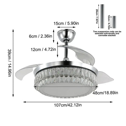 Modern chrome crystal fan chandelier led light bedroom retractable