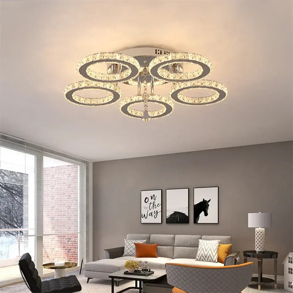 Modern chrome crystal flush mount rings living room light