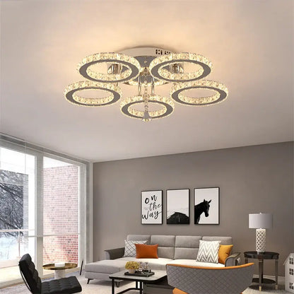 Modern chrome crystal flush mount rings living room light