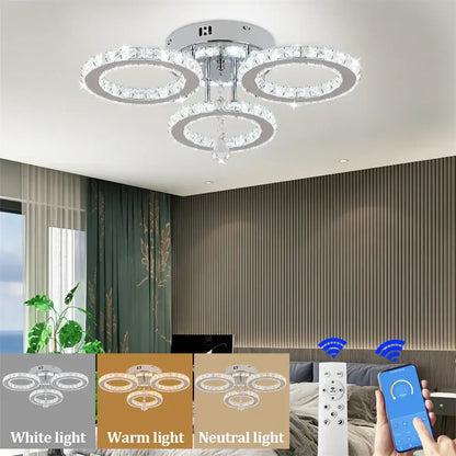 Modern chrome crystal flush mount rings living room light