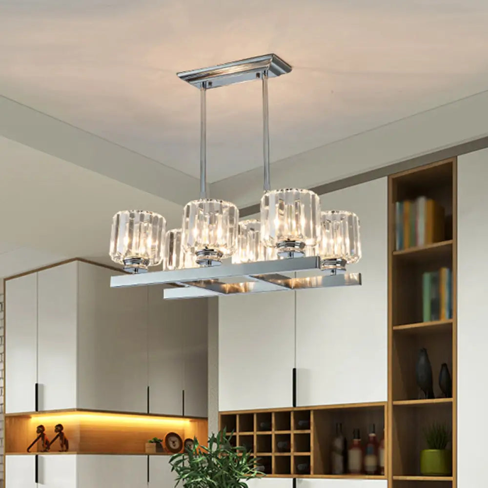 DecorBites™ Modern Chrome Crystal Island Light with 6 Cylinder Heads - Perfect for Dining Tables