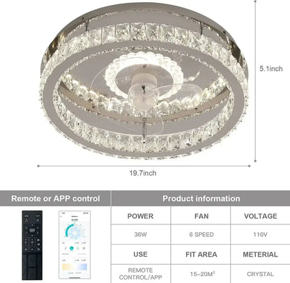 Modern chrome crystal led ceiling fan bedroom flush mount lighting