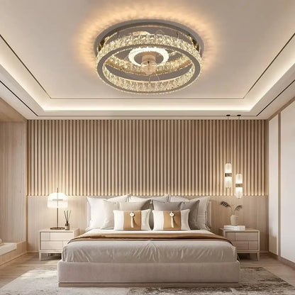 Modern chrome crystal led ceiling fan bedroom flush mount lighting