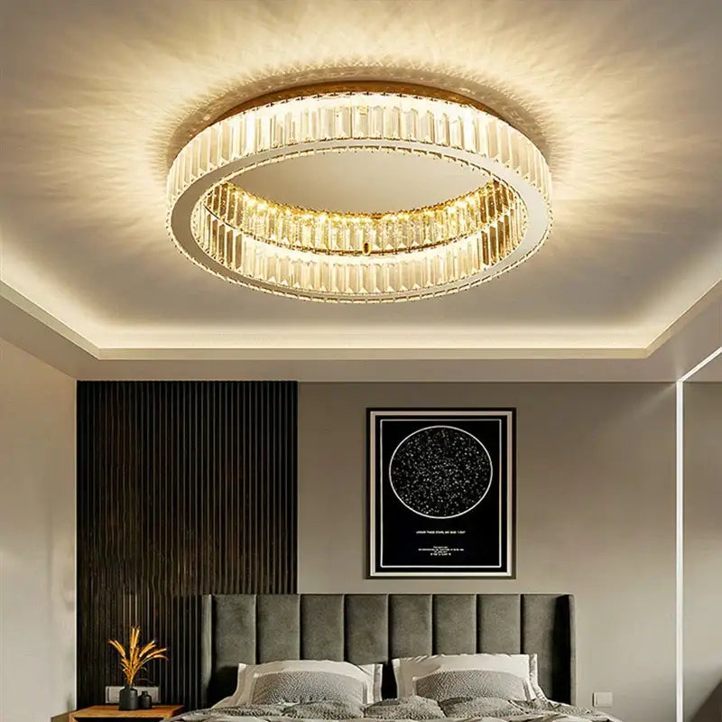 Modern chrome crystal led ceiling light dining room double ring