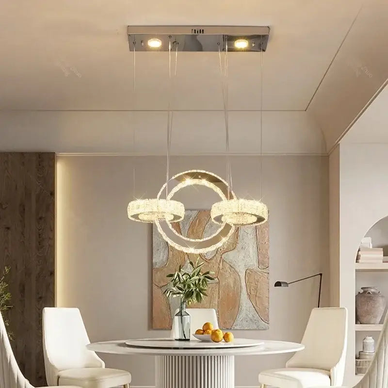 Modern chrome crystal led circle rings chandelier for bedroom