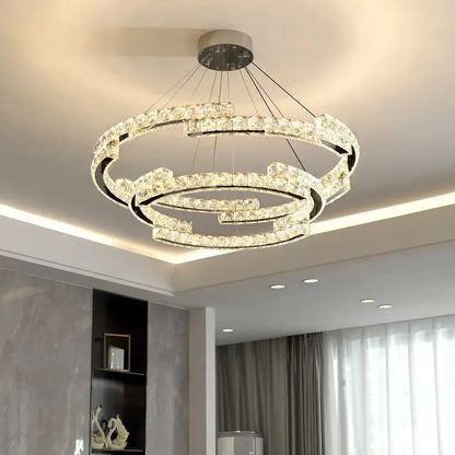 Modern chrome crystal led pendant lights dining room double ring fixtures