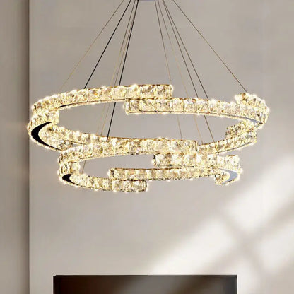 Modern chrome crystal led pendant lights dining room double ring fixtures